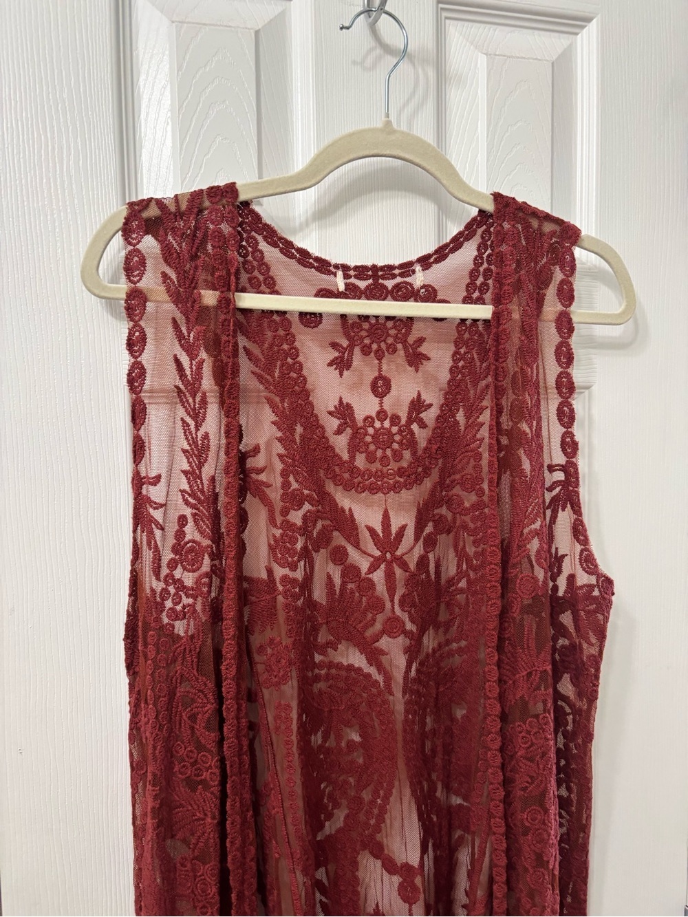 Rue 21 Burgundy Lace Duster Vest Sheer Open Front Boho Festival Size Large L - Picture 3 of 7